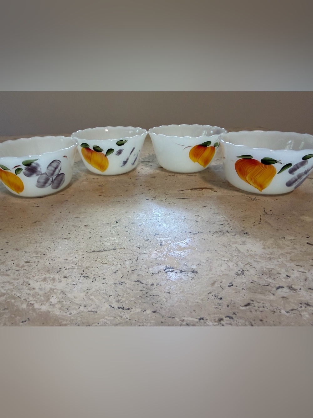 Vintage Fire-King Gay Fad Fruit 6 Oz Custard Bowls #424 Milk Glass Set of 4